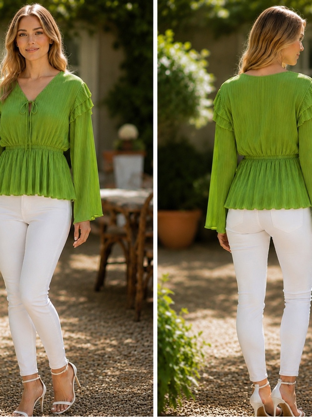 ZARA Green Pleated Satin Tie Front Ruffle Blouse Size M